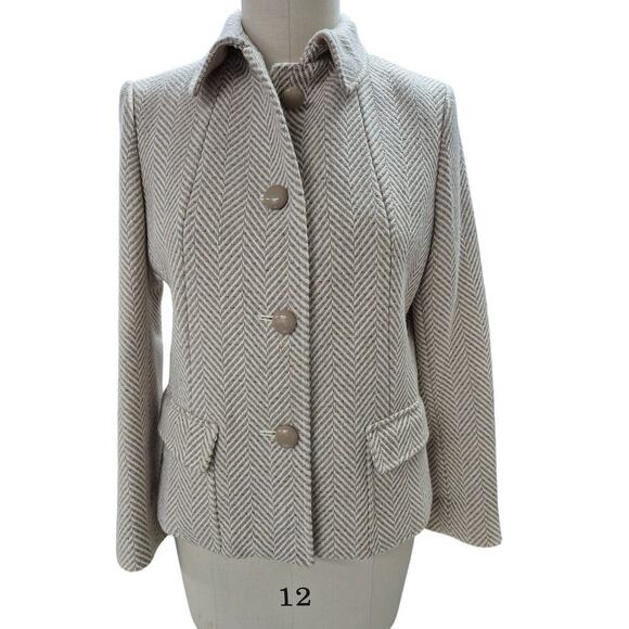 Talbots Petites Wool Blend Coat Chevron Pattern Fully Lined Beige/White Sz 14p - Picture 1 of 5